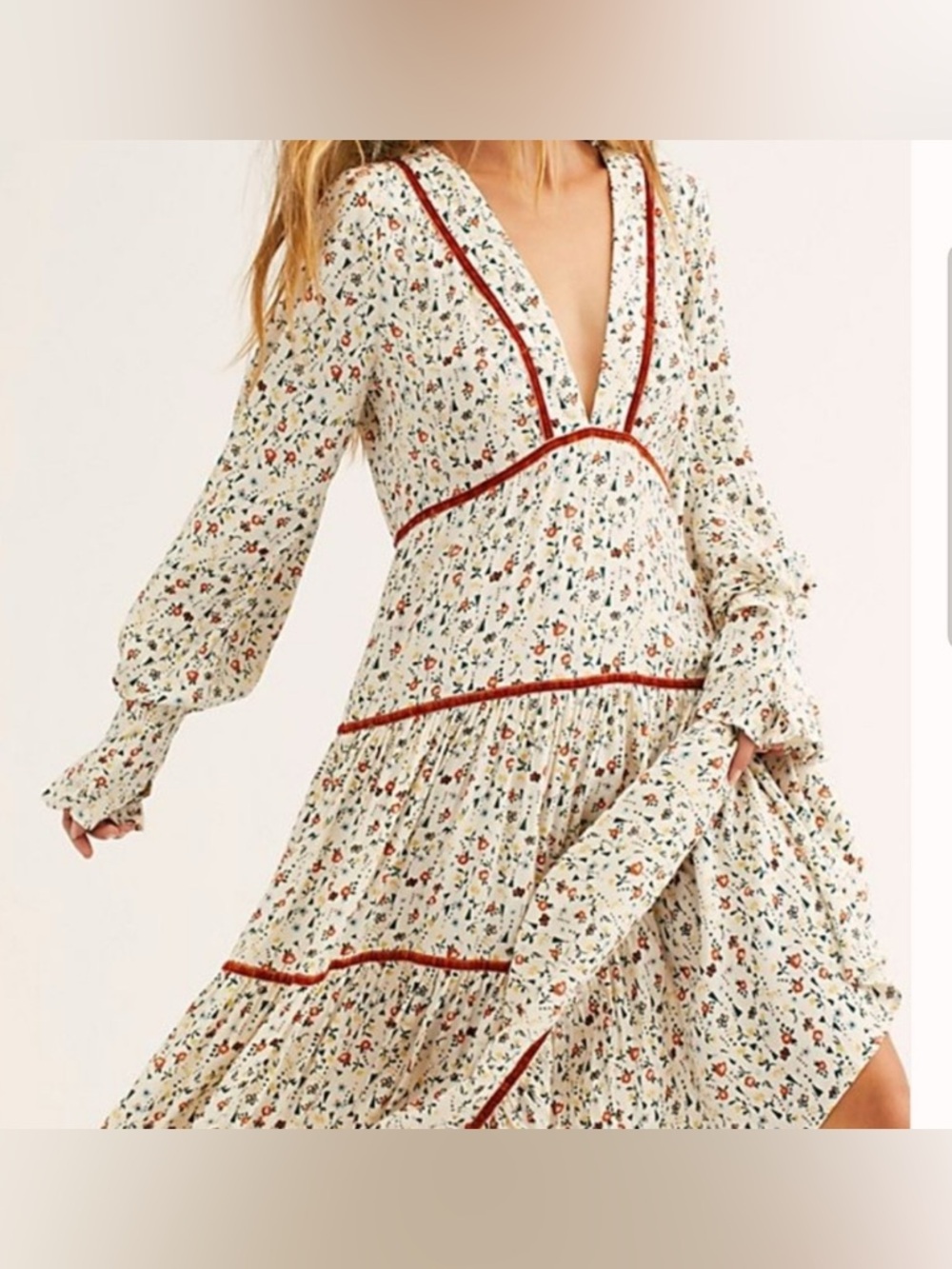 Free People Cream Take A Little Time Floral Midi Dress Boho Long Sleeve Size 4